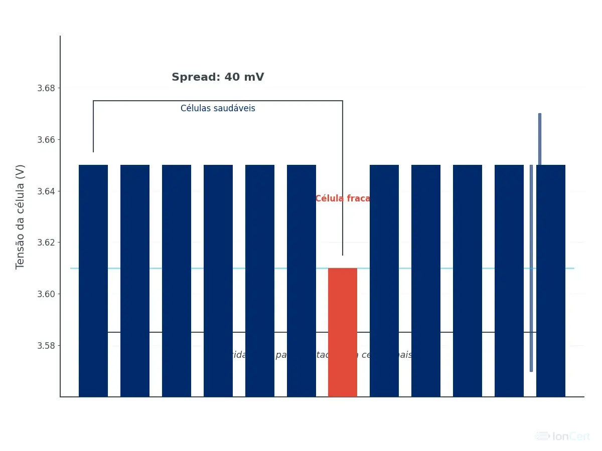 Diagrama técnico de spread de tensão entre células — uma célula fraca (acima de 40 mV de spread) limitando o pack inteiro
