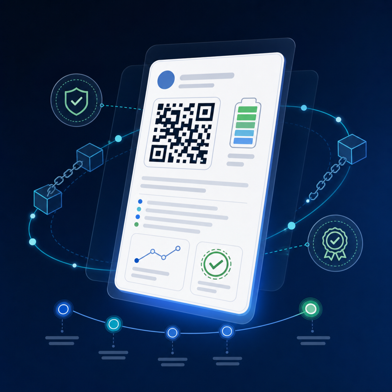 Ilustração de passaporte digital de bateria com dados, classificação e trilha de evidência